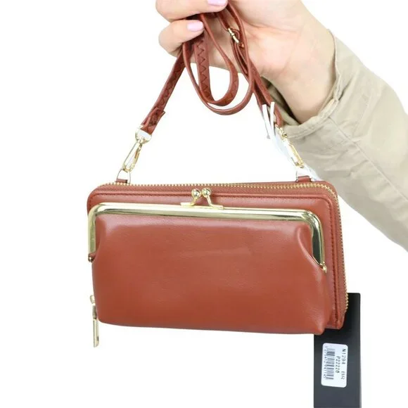 Brown Faux Leather Purse Wallet Cross Body Shoulder Bag Clutch Coin Purse - Picture 3 of 8